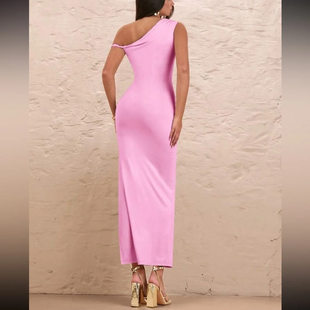 Elegant Pink One-Shoulder Dress - Picture 2 of 7